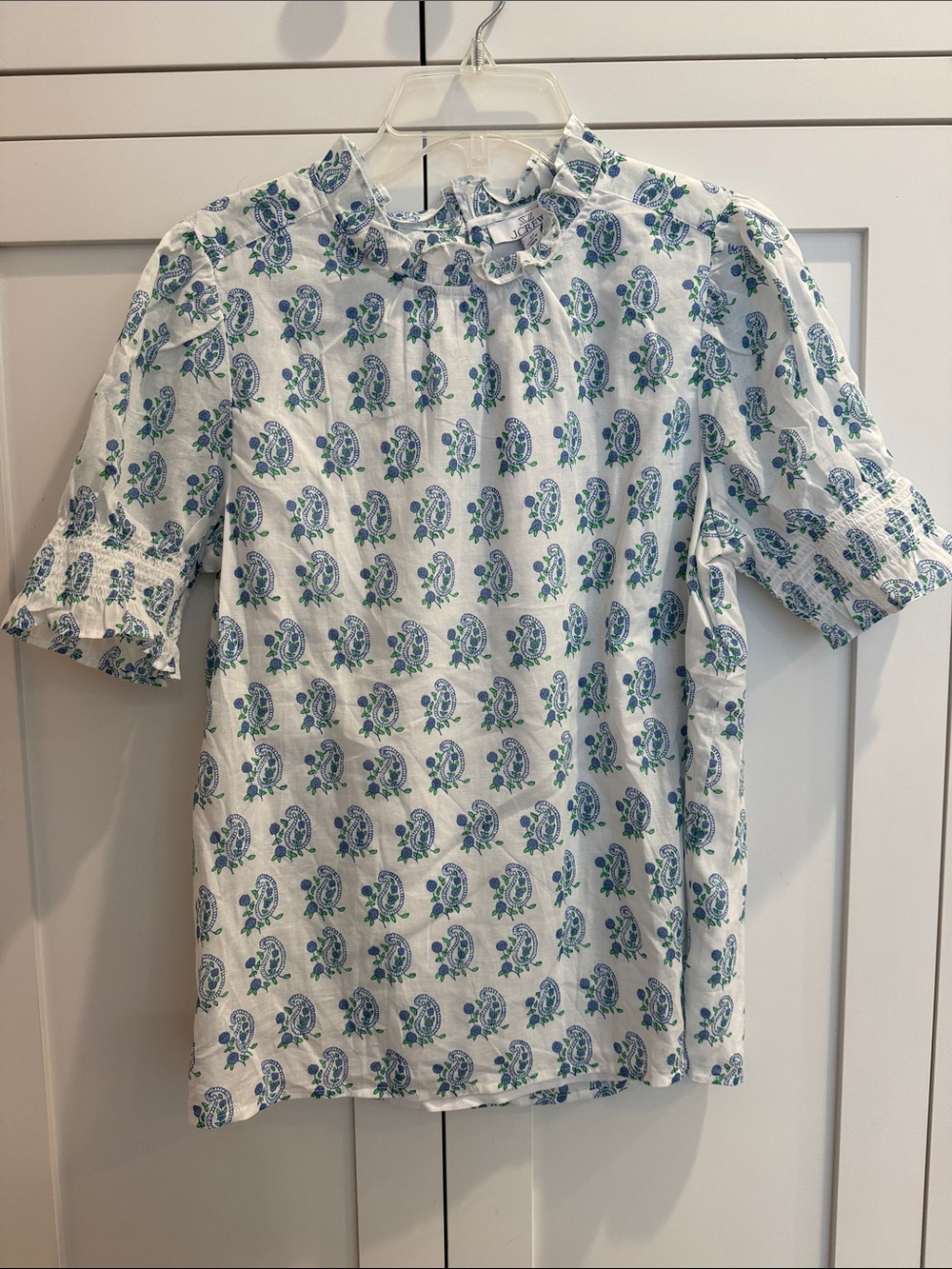 J. Crew White Blouse with Blue and Green Paisley Print